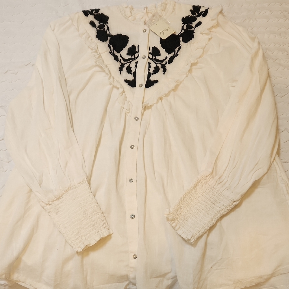 Free People Gauze Cream Embroidered Black Flowers Oversized Blouse Jacket S